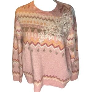 Pastel Fair Isle Cottagecore Sweater with Lace Floral Applique
Size PXL